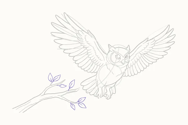 How to draw an owl flying, step 25: the leaves