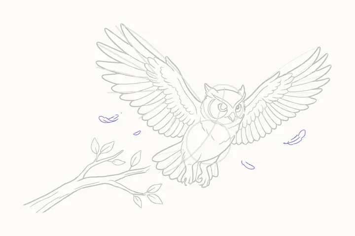 How to draw an owl flying, step 26: loose feathers
