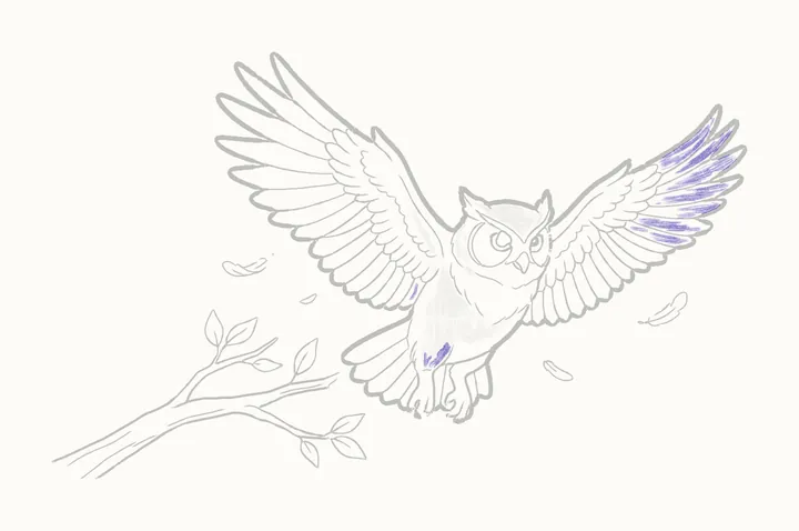 How to draw an owl flying, step 34: the far wing's tip