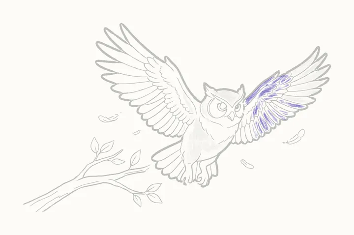 How to draw an owl flying, step 35: the rest of the far wing