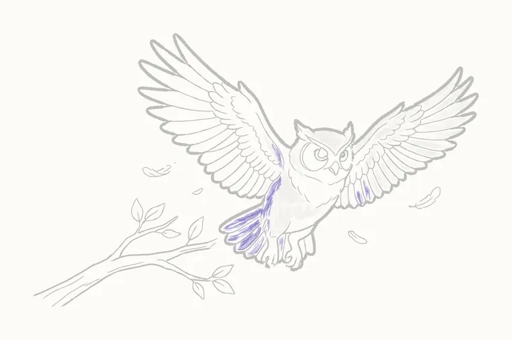 How to draw an owl flying, step 36: deep shadows on the left