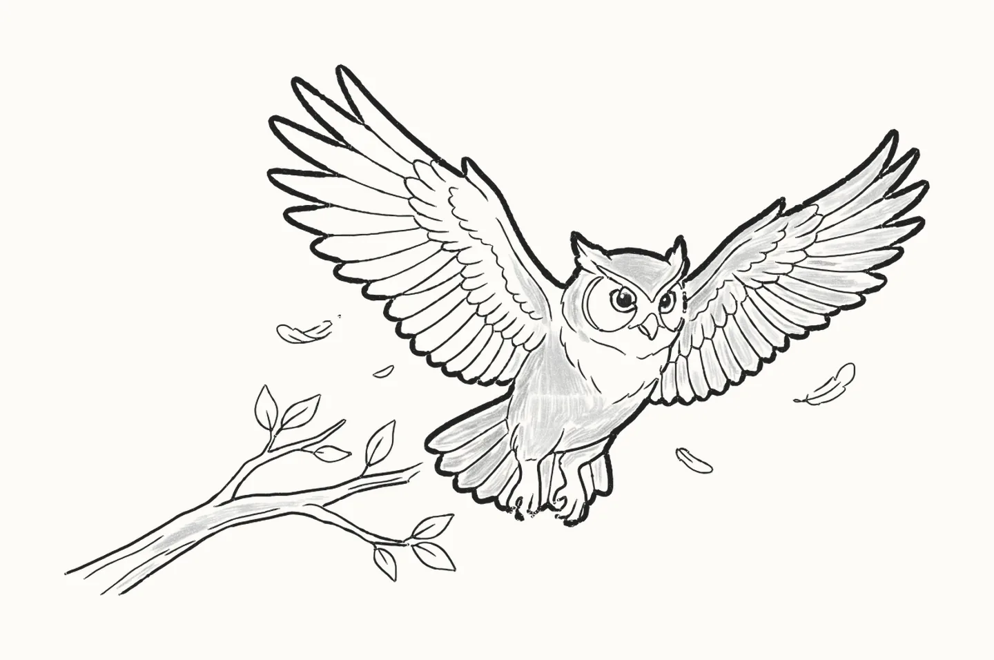 A finished pencil drawing of an owl in flight with both wings raised and talons tucked up, leaving a leafy branch