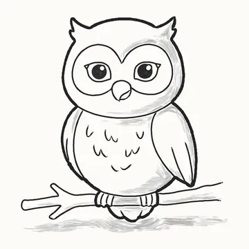 A finished pencil drawing of a cute owl with ear tufts, a heart-shaped face and big round eyes, sitting on a branch