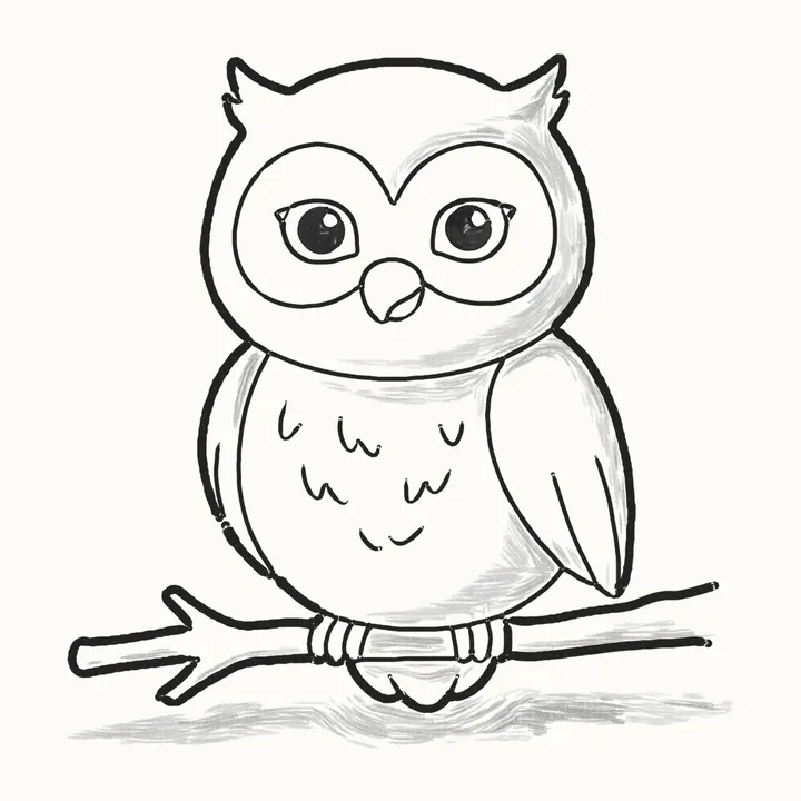 A finished pencil drawing of a cute owl with ear tufts, a heart-shaped face and big round eyes, sitting on a branch