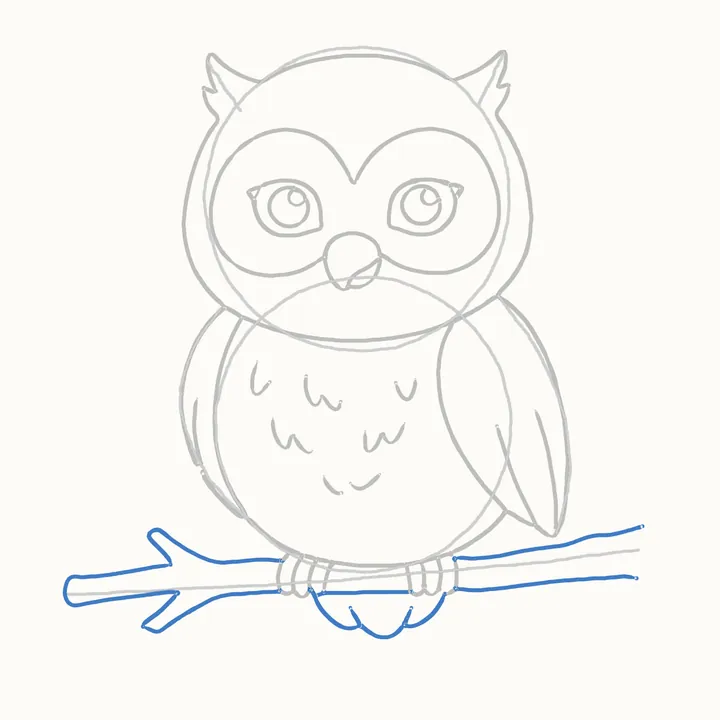 How to draw an owl, step 10: branch and tail