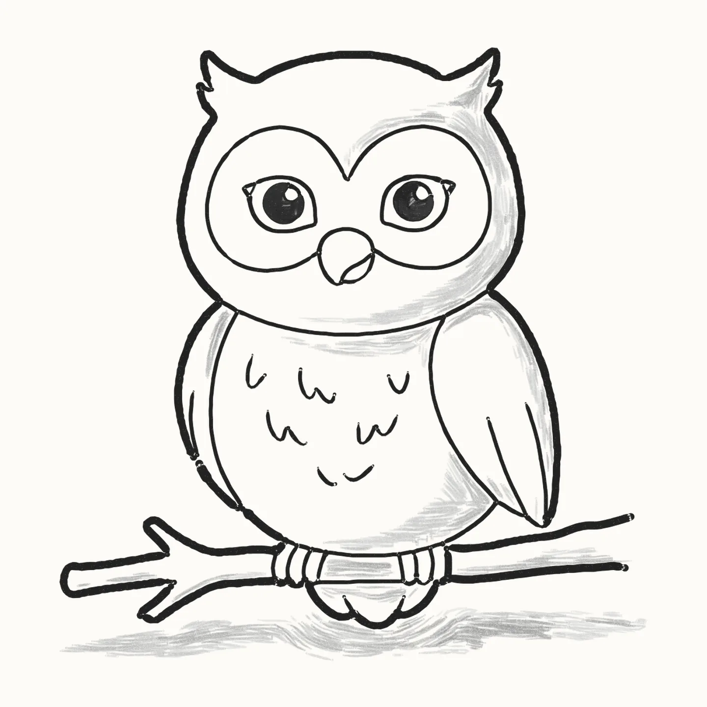 A finished pencil drawing of a cute owl with ear tufts, a heart-shaped face and big round eyes, sitting on a branch