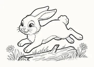 A finished pencil drawing of a rabbit leaping over a log with her ears streaming back, among grass and daisies