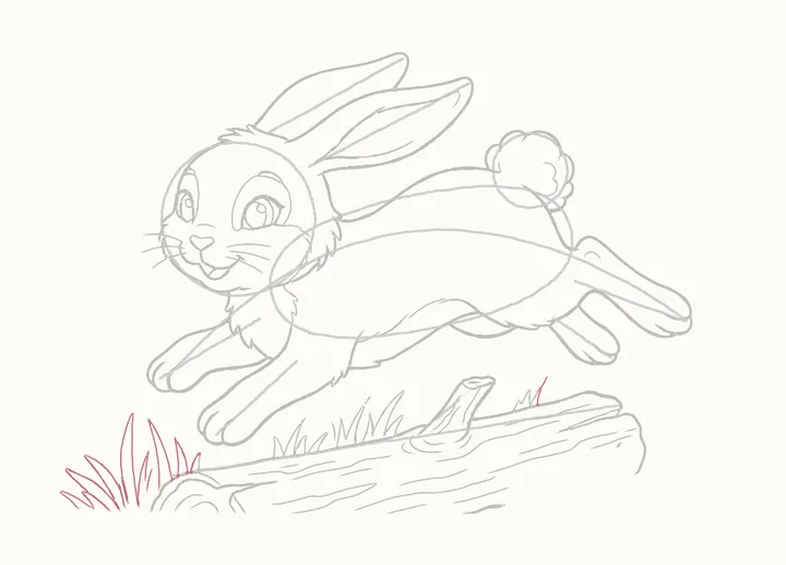 How to draw a rabbit jumping, step 20: grass on the left