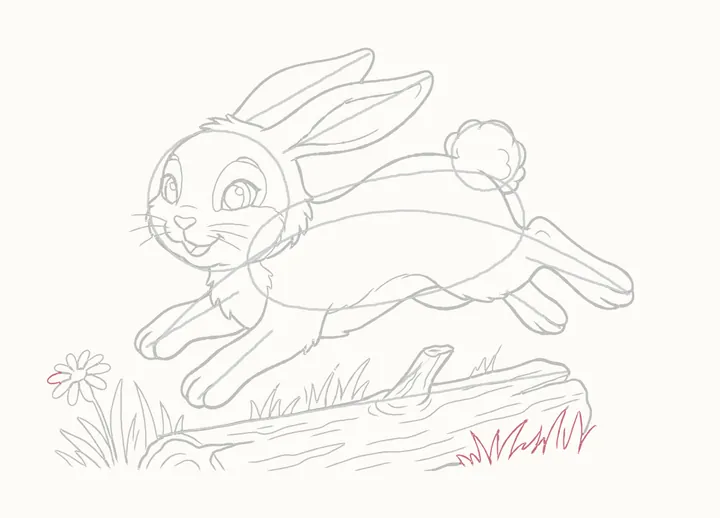 How to draw a rabbit jumping, step 22: grass in front of the log