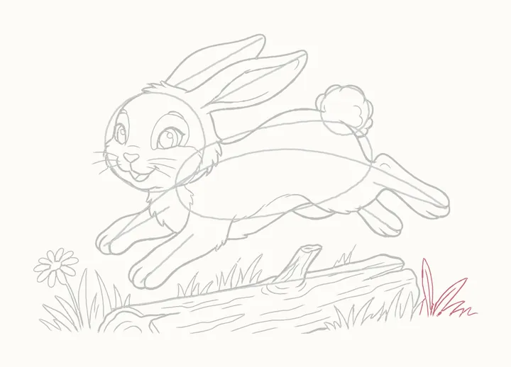 How to draw a rabbit jumping, step 23: grass on the right
