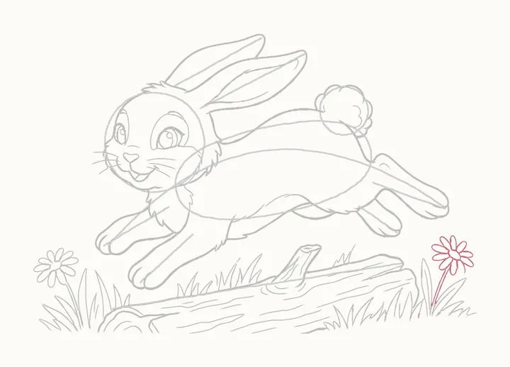 How to draw a rabbit jumping, step 24: a daisy on the right