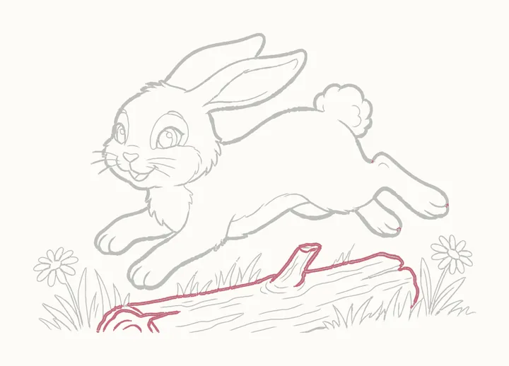 How to draw a rabbit jumping, step 29: go over the log