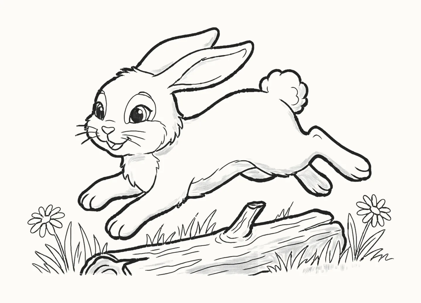 A finished pencil drawing of a rabbit leaping over a log with her ears streaming back, among grass and daisies