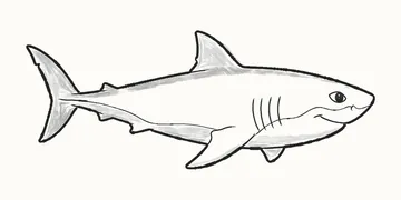 A finished pencil drawing of a friendly great white shark with a tall back fin, a crescent tail and a big smile