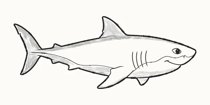 A finished pencil drawing of a friendly great white shark with a tall back fin, a crescent tail and a big smile