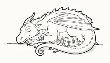 A finished pencil drawing of a dragon asleep with its head on its paws, curled round a treasure chest and a heap of gold coins