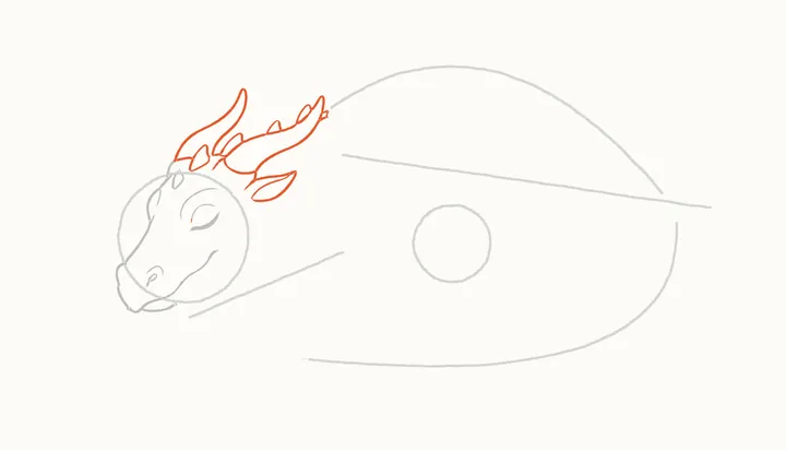 How to draw a sleeping dragon, step 4: horns and ear