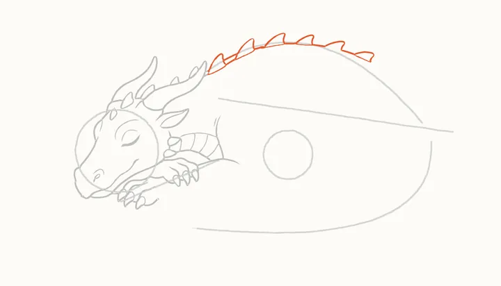 How to draw a sleeping dragon, step 7: spikes along the back