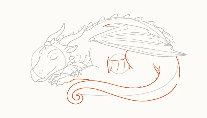 How to draw a sleeping dragon, step 10: the back leg and tail