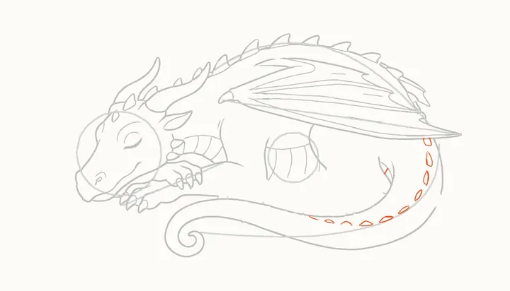 How to draw a sleeping dragon, step 11: tail scales