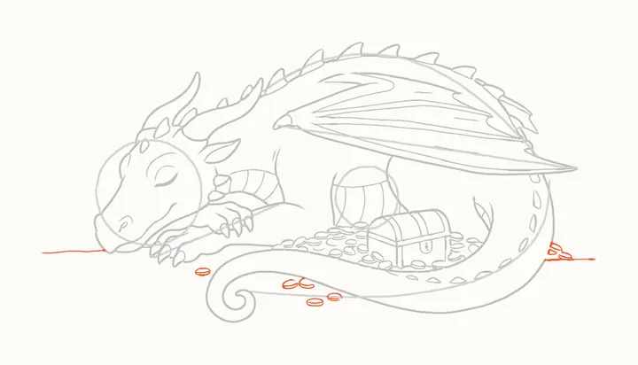 How to draw a sleeping dragon, step 15: loose coins and the ground