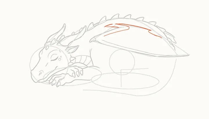 Como desenhar um dragão dormindo, passo 20: a parte de cima da asa