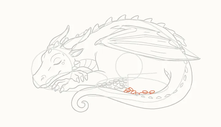Como desenhar um dragão dormindo, passo 28: moedas em volta do baú