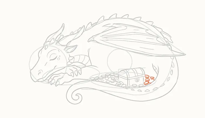 Como desenhar um dragão dormindo, passo 31: moedas perto do baú