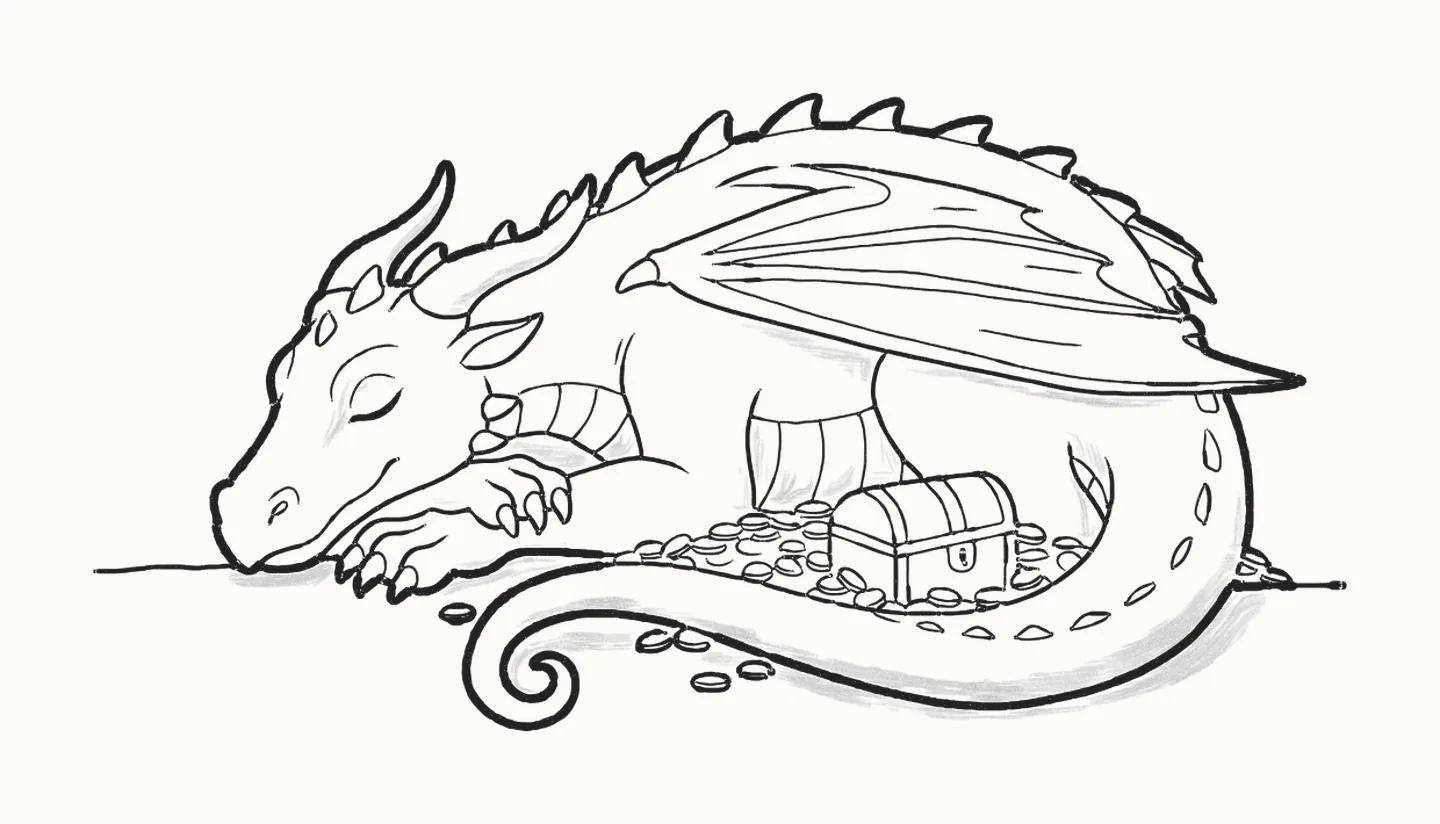 A finished pencil drawing of a dragon asleep with its head on its paws, curled round a treasure chest and a heap of gold coins