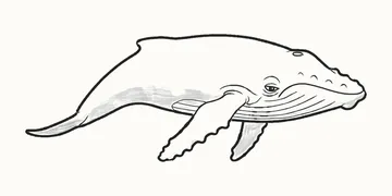 A finished pencil drawing of a whale with long flippers, a bumpy snout and grooves along its throat